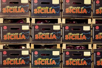 Stacked vegetable boxes, label Sicilia, markets, open air, Palermo, capital, Sicily, Italy, Europe