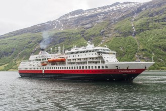 Passenger ship MS Finnmarken in the harbour of Geiranger, Geiranger, Møre og Romsdal, Western