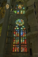 Interior view of the Familia Sagrada by the architect Antonio Gaudi in Barcelona, Spain, Europe