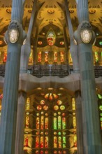 Interior view of the Familia Sagrada by the architect Antonio Gaudi in Barcelona, Spain, Europe