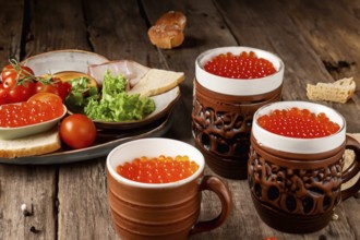 Different kinds of caviar with bread and beverages, AI generated