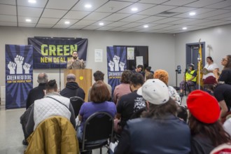 Dearborn, Michigan, Dearborn Mayor Abdullah Hammoud speaks at a rally calling for a Green New Deal.