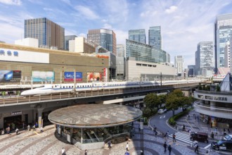 Shinkansen type N700 high-speed train of Japan Rail JR train at Yurakucho station in Tokyo, Japan,