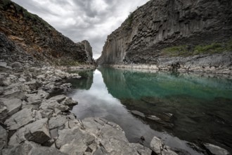 Stuðlagil Canyon, turquoise river between basalt columns, Egilsstadir, Iceland, Europe