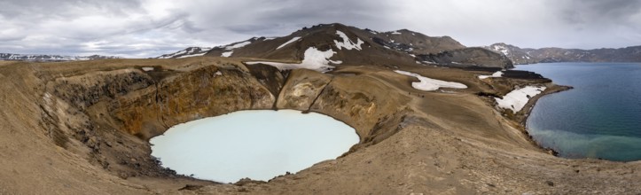 Crater lake Víti and Öskjuvatn in the crater of the Askja volcano, volcanic landscape, Dyngjufjöll