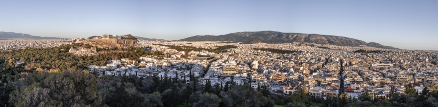 View from Philopappos Hill over the city, panorama of the Parthenon Temple and Herod's