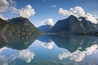 Reflection in lake Oppstrynsvatnet, Oppstryn, Stryn, Norway, Europe