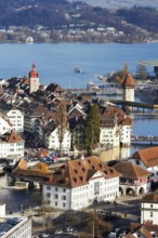 City view with Spreuer Bridge, Chapel Bridge, Water Tower on the Reuss, Old Town, Lucerne, Canton