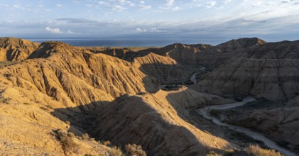 Canyon runs through a landscape of eroded hills at sunrise, Badlands, Issyk Kul Lake in the