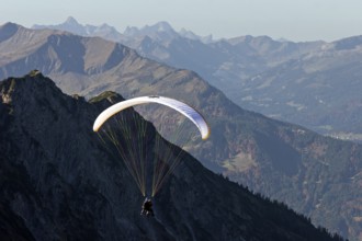 Paragliders on the Nebelhorn, near Oberstdorf, Oberallgäu, Bavaria, Germany, Europe