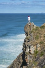 Man sitting on a rock on the cliffs on Cape Byron, Byron Bay, Queensland, Australia, Oceania