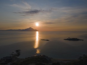 Aerial view, sunrise, view of Mount Athos, Orthodox monastic republic with autonomous status under