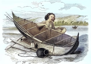 Woman with a Canoe on Tierra del Fuego, 1868, Patagonia, Historic, digitally restored reproduction