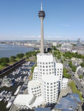 Gehry Building and Rhine Tower at the Media Harbour, Düsseldorf, North Rhine-Westphalia, Germany,