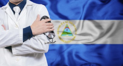 Doctor with stethoscope on flag of Nicaragua. Health and care concept with Nicaragua flag. Doctor