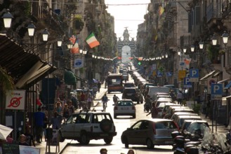 Backlight, Cars, Shopping Street, Catania, Old Town, Baroque Old Town, East Coast, Sicily, Italy,