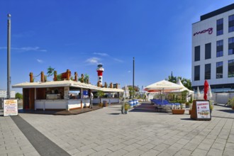 Ludwigshafen am Rhein, Germany, August 2022: Food booths selling street food at Rhine river