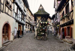 Half-timbered houses along the Rü du Rempart Sud, Eguisheim, Département Haut-Rhin, Grand Est