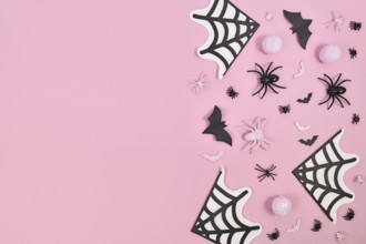 Pink and black Halloween decoration on side of pink background with copy space