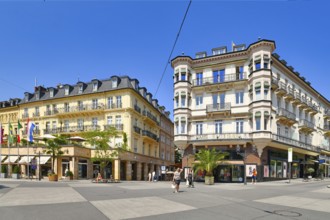 Baden-Baden, Germany, July 2021: Town square called 'Leopoldsplatz' in historic city center of spa