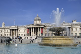 Fountain in Trafalgar Square, National Gallery in the background, Westminster, London, England,