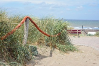 Red rope barrier on wooden poles in front of grass on sand beach with ocean in background