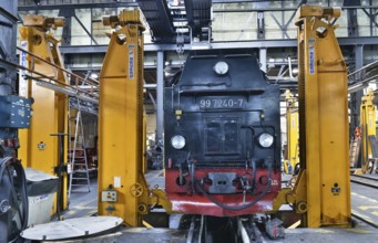 Steam locomotive of the Harz narrow gauge railway for maintenance in the workshop, Wernigerode,