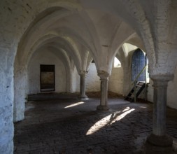 Fine brick arched vaulting of 14th century refectory undercroft, St Olaves priory, Norfolk,