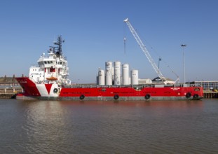 Vos Prelude offshore supply ship, River Yare quayside, Great Yarmouth, Norfolk, England, UK