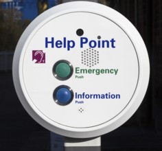 Close up of Help Point information and emergency service at railway station, Melton, Suffolk,