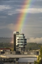 Rainbow over the aquaTurm hotel in Radolfzell on Lake Constance, Constance district,