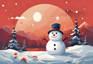 Abstract illustration of a snowman in an idyllic snowy winter landscape, hills and mountains and