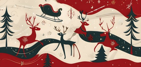 Whimsical abstract scene with stylized reindeer and sleighs to capture the magic of Christmas, AI