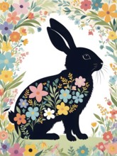 Abstract illustration of a bunny silhouette filled with a collage of spring flowers and vivid