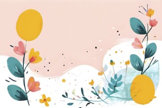 Abstract illustration of a Easter card with delicate colorful hand-drawn illustrations, empty space