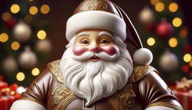 Cheerful chocolate Father Christmas in front of a Christmas background, AI-generated image, AI