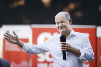 Federal Chancellor Olaf Scholz, (SPD), pictured during a citizens' dialogue in Seelow. 29.08.2024