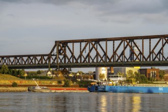 The railway bridge Duisburg-Hochfeld-Rheinhausen, over the Rhine, regional trains and many goods