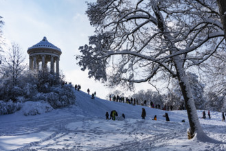 Monopteros, sledging, walker, winter with snow in the southern part of the English Garden, Munich,