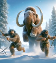 Two ice age hunters flee with spears from a mammoth (Mammuthus) in the prehistoric cold steppe