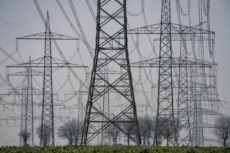 Large power line, 380 KV extra-high voltage lines, near Rommerskirchen, in the fog, winter, North