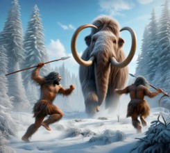 Two ice age hunters attacking a mammoth (Mammuthus) with spears in the prehistoric cold steppe