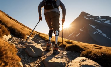 A man with an amputated leg is hiking in the mountains with prostheses, symbolic image prosthetic