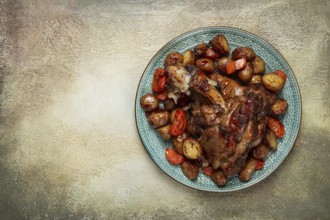 Pork knuckle baked with vegetables, new potatoes, on a plate, homemade, no people