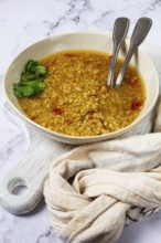 A bowl of lentil soup filled with warm, rich flavors, garnished with fresh herbs, accompanied by