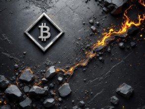 A stylized representation of cryptocurrency, showing its symbol etched into a dark, metallic