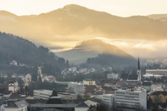 Morning atmosphere and morning fog over the Calvary, Leoben, Styria, Austria, Europe