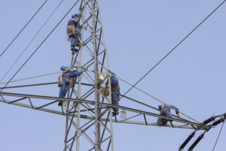 Industrial climber high up on an electricity pylon, workers wearing protective clothing, blue sky,