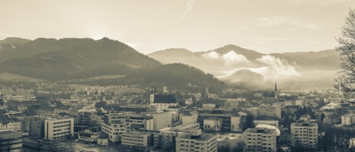 Morning atmosphere and morning fog over the Calvary, panoramic view, Leoben, Styria, Austria,