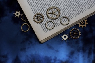 Wooden cogwheels on a page of a book. Industry concept information